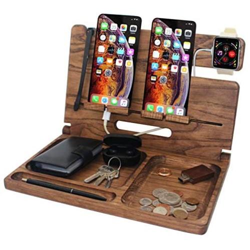 Brown Wash Wood Charging Station. Two Cell Phone Stand Holder. Men Gadget Dock Accessory Organizer. Nightstand Docking Tablet Father Desk Storage Decor Big Husband Dresser Valet Tray Dad Birthday Gift