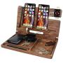 Brown Wash Wood Charging Station. Two Cell Phone Stand Holder. Men Gadget Dock Accessory Organizer. Nightstand Docking Tablet Father Desk Storage Decor Big Husband Dresser Valet Tray Dad Birthday Gift