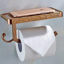 ThinkTop Antique Carving Toilet Roll Paper Holder with Phone Shelf Wall Mounted Bathroom Paper Rack and Hook-Rose Gold