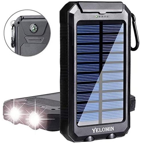 Phone Solar Charger,Yelomin 20000mAh Portable Outdoor Mobile Power Bank,Camping External Backup Battery Pack Dual USB 5V 1A/2A Outputs 2 Led Light Flashlight with Compass