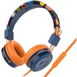 Baseman Kids Headphones with Microphone, Wired On-Ear Headsets with Safe Volume Limited 85 dB, Foldable and Adjustable Headphones with a 3.5mm Jack Cord for Children/School/Cellphone/Tablet Orange