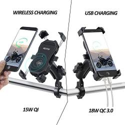 Jitehsha Motorcycle Phone Holder Wireless & USB Charger Qi 15W & USB 3.0 18W Handlebar Cellphone Mount Auto Clamping Double Ball Long Socket 360 Rotation Waterproof for 3.5-6.5 Inch Smartphones