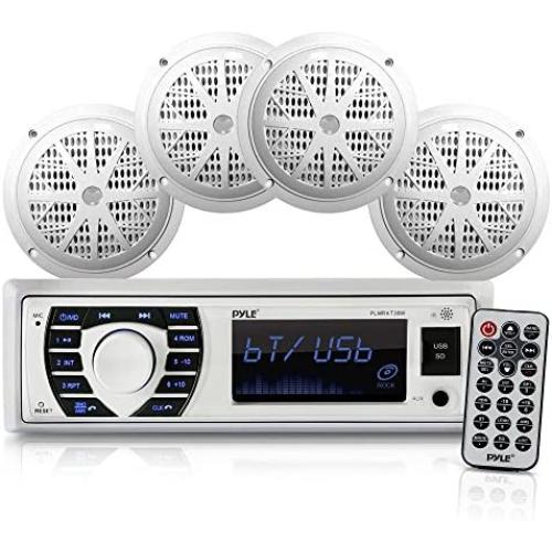 Marine Radio Receiver Speaker Set  12v Single Din Style Bluetooth Compatible Waterproof Digital Boat In Dash Console System with Mic  4 Speakers, Remote Control, Wiring Harness  PLMRKT38W (White)