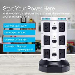 Power Strip Tower GLCON Surge Protector Tower Fast Wireless Charger + 4 USB 5V/5A Ports + 3000W 13A 10 Outlet Plugs + Charging Tower with 6ft Long Extension Cord for Home Office