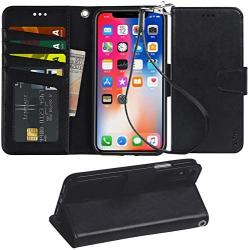 Arae Case for iPhone X/Xs, Premium PU Leather Wallet Case [Wrist Straps] Flip Folio [Kickstand Feature] with ID&Credit Card Pockets for iPhone X (2017) / Xs (2018) 5.8 inch (not for Xr) - Black