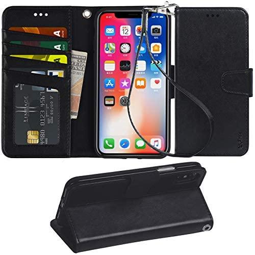 Arae Case for iPhone X/Xs, Premium PU Leather Wallet Case [Wrist Straps] Flip Folio [Kickstand Feature] with ID&Credit Card Pockets for iPhone X (2017) / Xs (2018) 5.8 inch (not for Xr) - Black