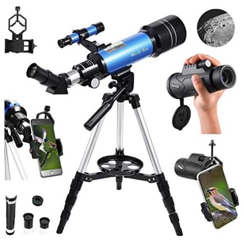 MaxUSee 70mm Refractor Telescope with Adjustable Tripod for Kids Adults & Beginners + Portable 10X42 HD Monocular Bak4 Prism FMC Lens, Travel Scope with Backpack and Phone Adapter