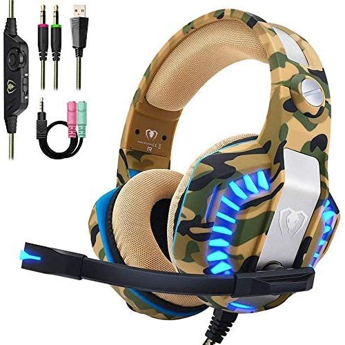 Beexcellent Pro Stereo Gaming Headset for PS4 Xbox One PC, All-Cover Over Ear Headphones with Deep Bass Surround Sound, LED Light & Noise Canceling Microphone for Nintendo Switch Mac Laptop