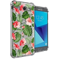 Girly Case for Samsung Galaxy J7 Perx, J7 Prime, J7 Sky Pro, J7 V, Galaxy J7 2017 Clear with Palm Flowers Design Shockproof Bumper Protective Cell Phone Cases for Girls N Women Soft Floral Cover