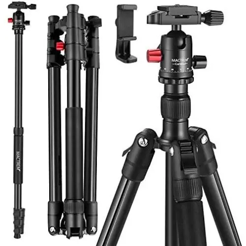 MACTREM Professional Camera Tripod with Phone Mount, 62" DSLR Tripod for Travel, Super Lightweight and Reliable Stability, Ball Head Tripod Detachable Monopod with Carry Bag (Black)