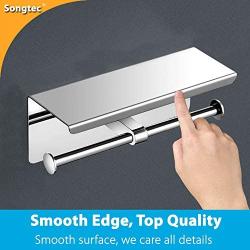 Songtec Toilet Paper Holder with Shelf, Easy Stick On with 3M Adhesive, Holds Mega Roll, No Drilling or Wall Mounted Stainless Steel Tissue Roll Holder (Polished Chrome (Dual))