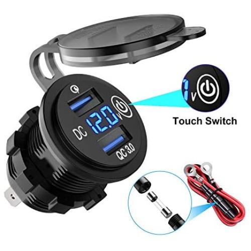 LiDiVi [Upgraded Version] Quick Charge 3.0 Dual USB Car Charger, Waterproof 36W 12V USB Outlet Fast Charge with Voltmeter & Switch for 12V/24V Car Boat Marine ATV Bus Truck and More