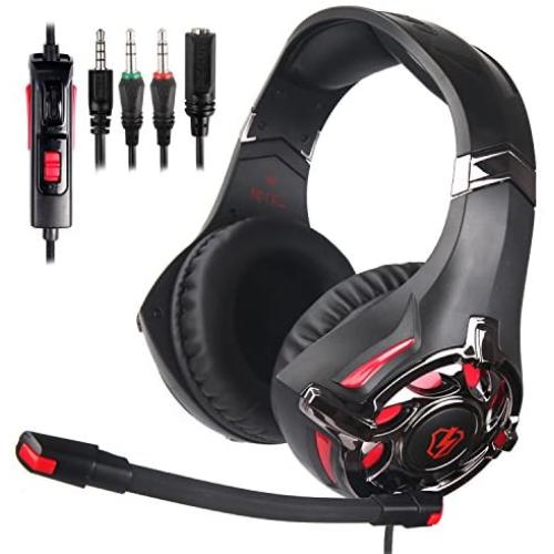 LETTON L3 Stereo Gaming Headset for PS4, Xbox One Controller, PC, Over Ear Headphones with Noise Cancelling Mic, LED Light, Bass Surround, Soft Memory Earmuffs for Laptop Mac Nintendo Switch Games