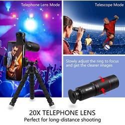 DELLURGO Phone Camera Lens 20x Telephoto Lens 205° Fisheye Lens 15x Macro Lens 0.63x Wide Angle Lens with Tripod Travel Case Cell Phone Lens Kit for iPhone XR/Xs/Max/8/7/6 Plus/Samsung/Google Pixel