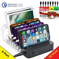 [Upgraded] Charging Station for Multiple Devices and Bonus-8 Charging CordsㅣFathers Day Gifts for Dad Husbandㅣ6-Port 60W USB Charger Dock for iPhone 11, Galaxy S10, Cell Phones, iPad, Tablets, Black