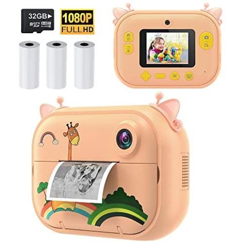 Instant Print Camera for Kids, Zero Ink Toy Children Digital Camera Birthday Gift for Age 3-10 Boys Girls, Toddler Video Recorder 1080P HD 12MP with 2.4 Inch IPS Screen, Print Paper, 32GB SD Card