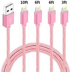 4 Pack (3ft,6ft,6ft,10ft) Nylon Braided Charging Cord Charger Compatible with PhoneX/8/8Plus 7/7 Plus/6s/6s Plus/6/6 Plus/5s/55se,Pad,Pod-Pink