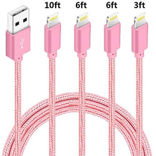 4 Pack(3ft,6ft,6ft,10ft),MFi Certified iPhone Charger Lightning Cable High Speed Nylon Braided USB Fast Charging&Data Syncs Cord Compatible iPhone 11 Pro Xs MAX XR 8 8 Plus 7 7 Plus 6s (Rosegold)