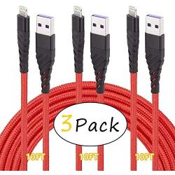 iPhone Charger Cord,3 Pack 10 ft Lightning Cable & Data Sync Fast 10 Foot Nylon Braided Cord Compatible with iPhone Xs max/xr/x/8/8 Plus/7/7plus/6/6s Plus/5s/5,iPad(red)