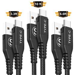 USB Type C Cable,Sweguard 3-Pack (3.3ft+6.6ft+10ft) USB A to USB-C Fast Charger Nylon Braided Cord for Samsung Galaxy S8 S9 Plus Note 9 8,Google Pixel 2 3 XL,LG G7 V20 V30,Moto Z Z2 Z3 (Black)