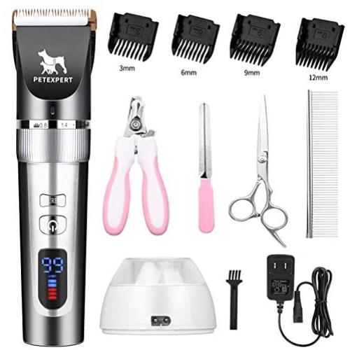 PetExpert Dog Clippers Cordless Dog Grooming Clippers Kit Rechargeable Quiet Pet Hair Clippers Trimmer with 10 Dog Grooming Tools for Dogs, Cats and Other Pets