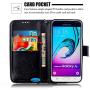 Galaxy J3 Wallet Case, Phone case for Samsung j3, JanCalm [Multi Card/Cash Slots] Flip Cover Wallet PU Leather with Stand + Wrist Strap Case for Samsung Galaxy J3 (2016) + Crystal Pen (Black)