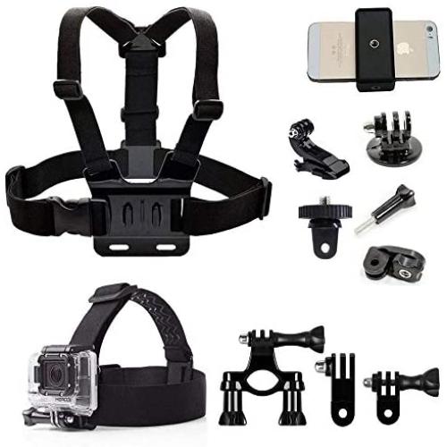 Action Camera Accessories Handlebar Head Chest Mount Strap Harness Adaptor with Cell Phone Clip for Sony Action Cam/XiaoMi YI 4K+4K,Lite/Gopro Hero/iPhone Xs Max XS XR 8+7+6+5 Any Cellphone Selfie