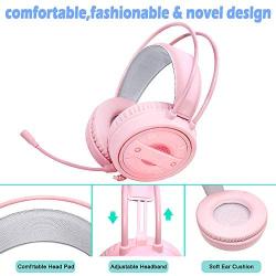 Dland Gaming Headset with Mic and Changeable LED Light for Laptop,Computer, Cellphone, PS4 and Xbox, 3.5mm Wired Noise Isolations Gaming Headphones with Volume Control-Pink