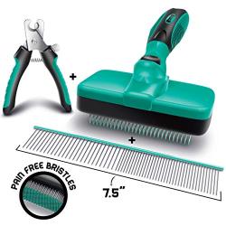 Ruff n Ruffus Self-Cleaning Slicker Brush + 2 Free Bonuses | 7.5" Steel Comb + Pet Nail Clippers | Grooming Supplies Great for Cats Dogs & All Breeds & Hair Types (Grooming Set (with FREE Bonus))