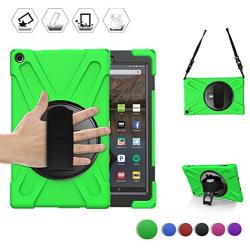 BRAECN Amazon Kindle Fire HD 10 Case 7th/9th Gen,[Hand Strap] [Shoulder Strap] [Rotating Kickstand] Heavy Duty Protection Rugged Case for Amazon Fire HD 10.1 Inch Tablet 2019/2017 Release (Green)