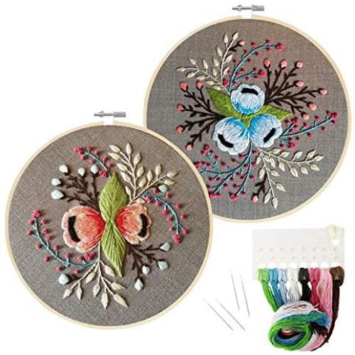 2 Pack Embroidery Starter Kit with Pattern, Stamped Embroidery Kit Including Embroidery Cloth with Pattern, Bamboo Embroidery Hoop, Color Threads Needle Kit