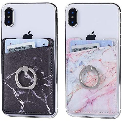 2Pack Adhesive Phone Pocket,Cell Phone Stick On Card Wallet Sleeve,Credit Cards/ID Card Holder(Double Secure) with 3M Sticker for Back of iPhone,Android and All Smartphones (PU Purple&Black Marble)