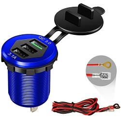 Quick Charge 3.0 Car Charger, 12V/24V 35W QC3.0/2.0 USB Charger Socket, 3 USB Charger Socket Power Outlet Fast Charge with Wire Fuse Aluminum Car Boat Marine ATV Bus Truck Golf Cart and More(Blue