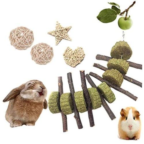 VCZONE Bunny Chew Toys, Rabbit Pet Tooth Chew Toys Organic Natural Apple Wood Grass Cake Ideal for Bunny, Chinchilla, Guinea Pigs, Hamsters Teeth Grinding