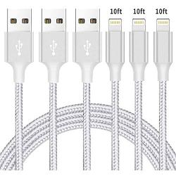 iPhone Charger [3pack 10FT] MFi Certified Lightning Cables Nylon Braided USB Charging Cords Compatible with iPhone 11/XS/XR/X/8/7/6/5 iPad,SilverGray