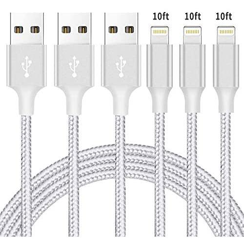 iPhone Charger [3pack 10FT] MFi Certified Lightning Cables Nylon Braided USB Charging Cords Compatible with iPhone 11/XS/XR/X/8/7/6/5 iPad,SilverGray