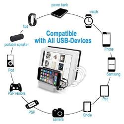 USB Charging Station for iPhone,COSOOS Charger Station with 5 lPhone Charger,1 Type-C,1 Micro Cable,iWatch Stand,6-Port Charging Station for Multiple Devices,iPad,Kindle(Silver White,UL Certified)