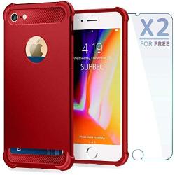 SUPBEC iPhone 7/8 Case with Card Holder and [ Screen Protector Tempered Glass x2Pack] Protective Ultra-Thin-Slim Cover with Silicone TPU Shockproof Rubber Wallet Case for iPhone7 / iPhone8-Red