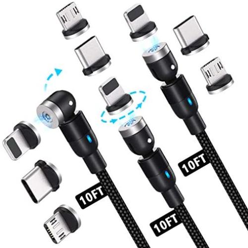 Magnetic Charging Cable [3-Pack, 10ft], Melonboy 360°&180° Rotation Magnetic Phone Charger Cable, 3 in 1 Nylon Braided Magnetic Cable Compatible with Micro USB, Type C and iProduct - Black
