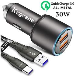Metal Car Charger for Samsung Galaxy Note 10/Plus 5G S10 S10E S20 S20+ 20 A51 A71 S9 S8 A21 A31 A41,2 Port:Quick Charge 3.0+2.4A+3.3FT Fast Usb C Cord