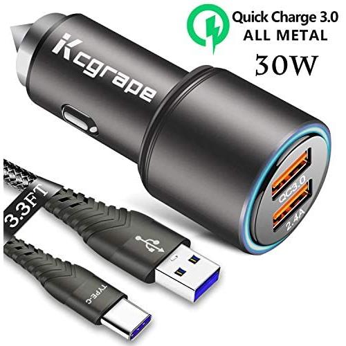 Metal Car Charger for Samsung Galaxy Note 10/Plus 5G S10 S10E S20 S20+ 20 A51 A71 S9 S8 A21 A31 A41,2 Port:Quick Charge 3.0+2.4A+3.3FT Fast Usb C Cord