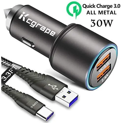 Metal Car Charger for Samsung Galaxy Note 10/Plus 5G S10 S10E S20 S20+ 20 A51 A71 S9 S8 A21 A31 A41,2 Port:Quick Charge 3.0+2.4A+3.3FT Fast Usb C Cord