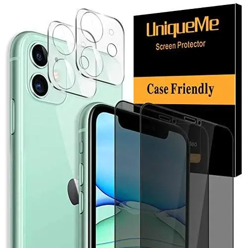 [4 Pack] UniqueMe 2 Pack Tempered Glass Privacy Screen Protector +2 Pack Tempered Glass Camera Lens Protector 9H Hardness for iPhone 11(6.1 inch)