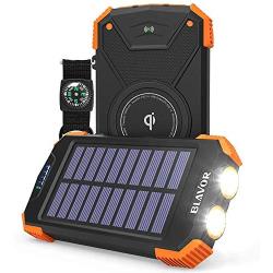 Solar Power Bank, Qi Portable Charger 10,000mAh External Battery Pack Type C Input Port Dual Flashlight, Compass, Solar Panel Charging (Orange)