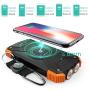 Solar Power Bank, Qi Portable Charger 10,000mAh External Battery Pack Type C Input Port Dual Flashlight, Compass, Solar Panel Charging (Orange)