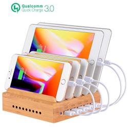 OthoKing Bamboo Charging Station, Fastest Wood Charging Dock Organizer 5-Port with Quick Charge 3.0 of Universal Cell Phones Tablets (5 Cables Included & 1 QC 3.0 Port)