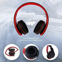 PowerLocus Wireless Bluetooth Over-Ear Stereo Foldable Headphones, Wired Headsets with Built-in Microphone for iPhone, Samsung, LG, iPad (Black/Red)