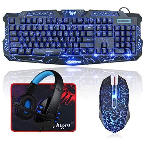 BlueFinger Backlit Gaming Keyboard and Mouse and LED Headset Combo,USB Wired 3 Color Crack Backlit Keyboard,Blue LED Light Gaming Headset,Gaming Keyboard Mouse Headphone Set for Work and Game