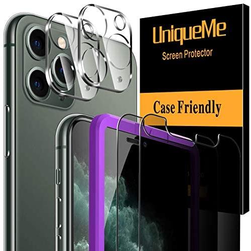 [ 4 Pack ] UniqueMe 2 Pack Privacy Screen Protector + 2 Pack Camera Lens Protector Tempered Glass for iPhone 11 Pro Max (6.5 inch),[Case Friendly] [Alignment Frame Easy Installation] HD Clear Anti-Scratch Film