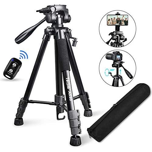 Torjim 60” Camera Tripod with Carry Bag, Lightweight Travel Aluminum Professional Tripod Stand (5kg/11lb Load) with Bluetooth Remote for DSLR SLR Cameras Compatible with iPhone & Android Phone-Black